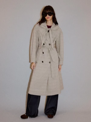 Bershka Długi Trencz W Kratę Z Apaszką Kobieta Ciemnoszary