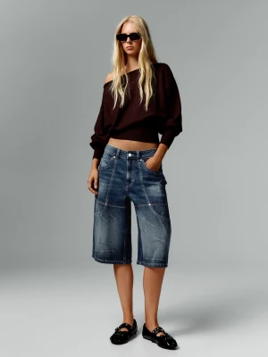 Bershka Długie Bermudy Z Denimu Z Ozdobnymi Kieszeniami Kobieta Ciemnoniebieski