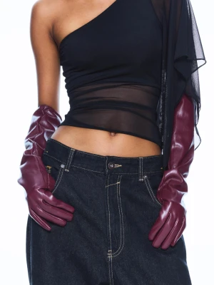 Bershka Długie Rękawiczki Ze Sztucznej Skóry Kobieta Rubinowy