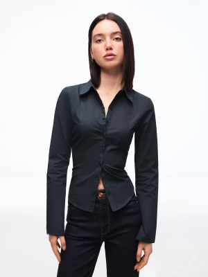 Bershka Dopasowana Koszula Z Rozszerzanym Rękawem Kobieta Granatowy