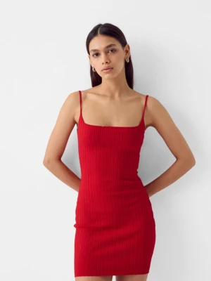 Bershka Dopasowana Sukienka Mini Na Ramiączkach Z Prążkowanej Tkaniny Kobieta Czerwony