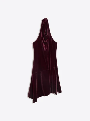 Bershka Drapowana Sukienka Mini Z Aksamitu Typu Halter Kobieta Bordowy