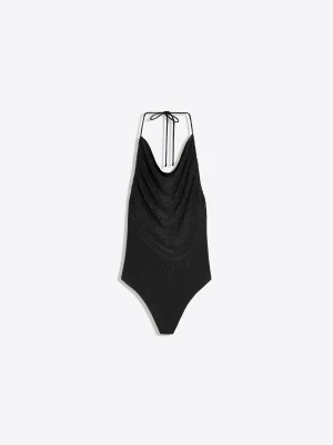Bershka Drapowane Body Z Dekolt Halter I Ramiączka Błyszczące Kobieta Czarny