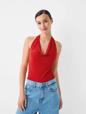 Bershka Drapowane Body Z Dekoltem Halter Kobieta Czerwony