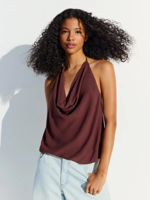 Bershka Drapowany Top Halter Kobieta Brązowy