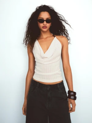 Bershka Drapowany Top Halter Kobieta Kremowy