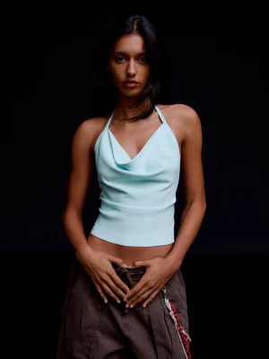 Bershka Drapowany Top Typu Halter Kobieta Jasnoniebieski