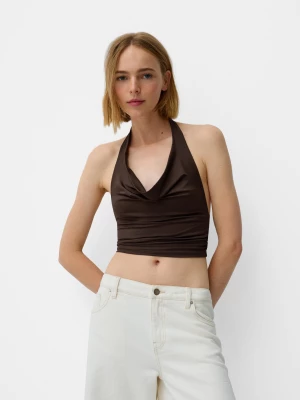 Bershka Drapowany Top Z Dekoltem Halter Kobieta Brązowy