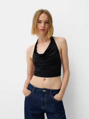 Bershka Drapowany Top Z Dekoltem Halter Kobieta Czarny