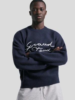 Bershka Dzianina Żakardowa Z Haftem Mężczyzna Granatowy