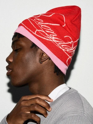 Bershka Dzianinowa Czapka Beanie Mężczyzna Czerwony