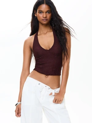 Bershka Gorsetowy Top Typu Halter Z Koronką Kobieta Bordowy