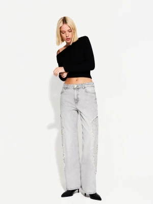 Bershka Haftowane Jeansy Baggy Kobieta Ciemnoszary