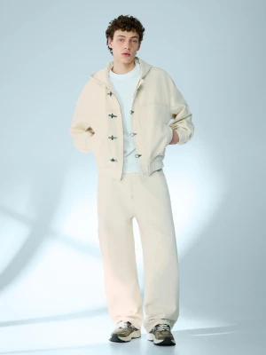 Bershka Haftowane Jeansy Neo Barrel Carpenter Mężczyzna Kremowy