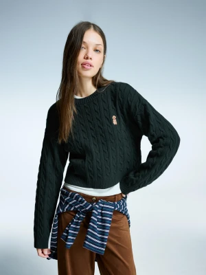 Bershka Haftowany Sweter Ze Splotem Warkoczowym Kobieta Zielony