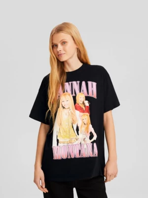 Bershka Hannah Montana – Koszulka Oversize Z Krótkim Rękawem I Nadrukiem Kobieta Czarny