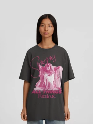 Bershka Sharpay Z High School Musical – Koszulka Oversize Z Nadrukiem I Krótkim Rękawem Kobieta Ciemnoszary