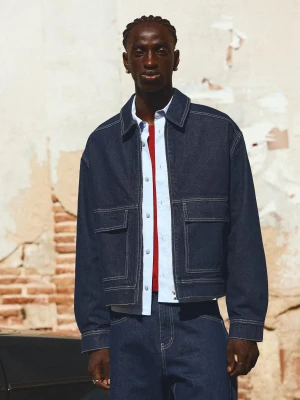 Bershka Jeansowa Kurtka Bomber Mężczyzna Granatowy