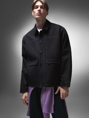 Bershka Jeansowa Kurtka Z Kieszeniami Mężczyzna Czarny