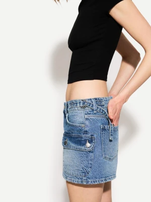 Bershka Jeansowa Spódnica Cargo Z Paskami Kobieta Wyblakły Niebieski