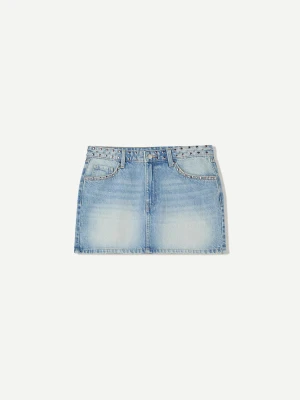 Bershka Jeansowa Spódnica Mini Z Ćwiekami Kobieta Wyblakły Niebieski