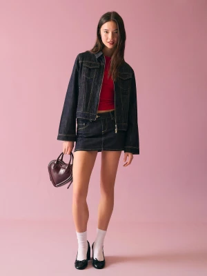 Bershka Jeansowa Spódnica Mini Z Haftem Kobieta Granatowy