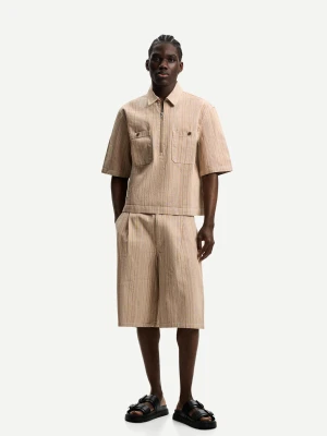 Bershka Jeansowe Bermudy W Paski Mężczyzna Kremowy