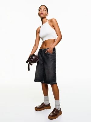 Bershka Jeansowe Spodenki Baggy Kobieta Czarny