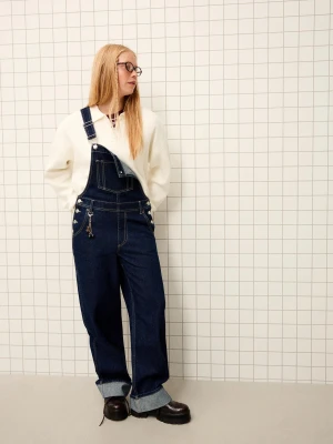 Bershka Jeansowy Kombinezon Oversize Na Ramiączkach Kobieta Granatowy