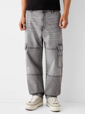 Bershka Jeansy Baggy Cargo Mężczyzna Szary