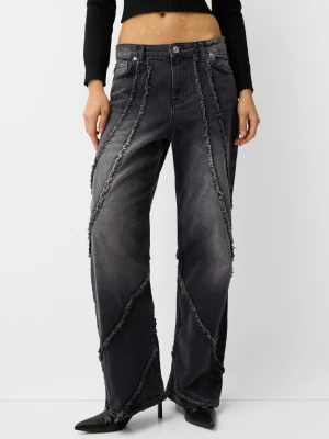 Bershka Jeansy Baggy Z Frędzlami Kobieta Czarny