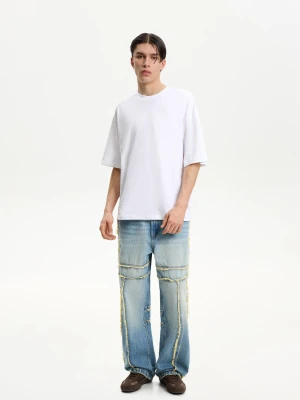 Bershka Jeansy Baggy Z Frędzlami Mężczyzna Wyblakły Niebieski