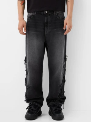 Bershka Jeansy Baggy Z Gwiazdami Mężczyzna Czarny