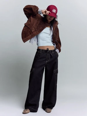 Bershka Jeansy Cargo Parachute Kobieta Granatowy