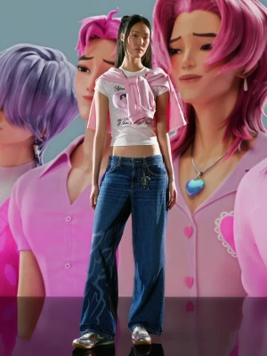 Bershka Jeansy Kpop Demon Hunters Saja Boys Z Nadrukiem O Kroju Baggy Kobieta Niebieski