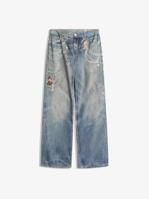 Bershka Jeansy Monchhichi O Kroju Baggy Z Nadrukiem Kobieta Wyblakły Niebieski