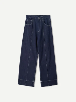 Bershka Jeansy O Kroju 90'S Wide Leg Z Ozdobnym Szwem Kobieta Granatowy