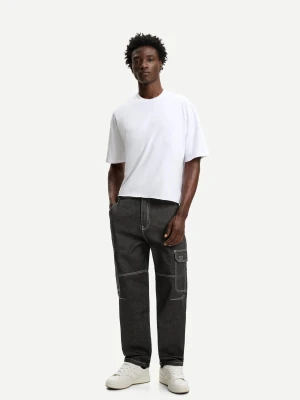 Bershka Jeansy O Kroju Baggy Cargo Mężczyzna Czarny