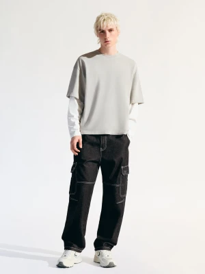 Bershka Jeansy O Kroju Baggy Cargo Mężczyzna Czarny