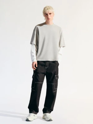 Bershka Jeansy O Kroju Baggy Cargo Mężczyzna Czarny