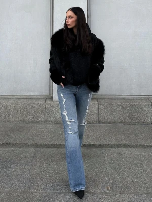 Bershka Jeansy O Kroju Baggy Flare Z Zamkami Błyskawicznymi Kobieta Wyblakły Niebieski