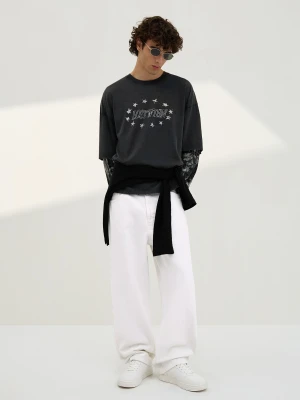 Bershka Jeansy O Kroju Baggy Mężczyzna Biały