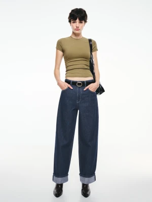 Bershka Jeansy O Kroju Baggy Roll Up Kobieta Granatowy