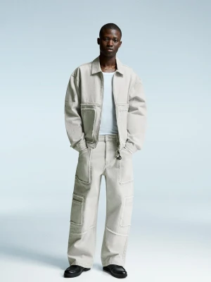 Bershka Jeansy O Kroju Baggy Z Frędzlami Mężczyzna Szary