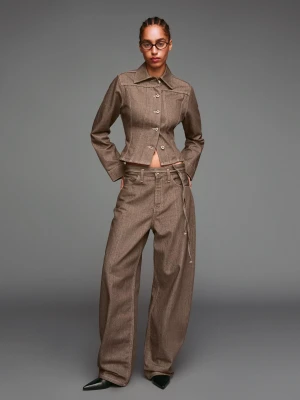 Bershka Jeansy O Kroju Baggy Z Paskiem Kobieta Brązowy