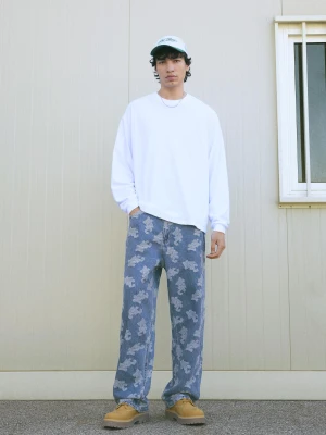 Bershka Jeansy O Kroju Baggy Żakardowe Mężczyzna Wyblakły Niebieski