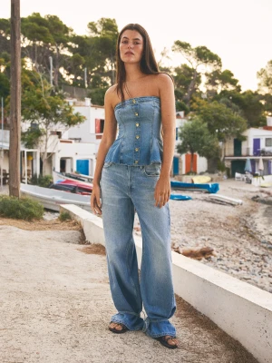 Bershka Jeansy O Kroju Barrel Z Wysokim Stanem I Kokardami Kobieta Wyblakły Niebieski