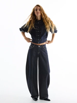 Bershka Jeansy O Kroju Barrel Z Wysokim Stanem Kobieta Granatowy