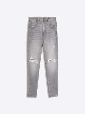 Bershka Jeansy O Kroju Carrot Z Dziurami Mężczyzna Szary