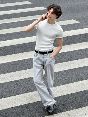 Bershka Jeansy O Kroju Flare Straight Mężczyzna Szary